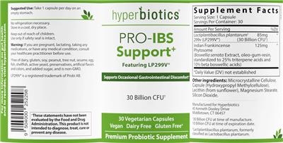 Hyperbiotics PRO-IBS Support+ source label used in the packaging illustration
