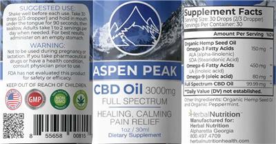 Aspen Peak CBD Oil 3000 mg source label used in the packaging illustration