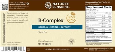 Nature's Sunshine B-Complex source label used in the packaging illustration