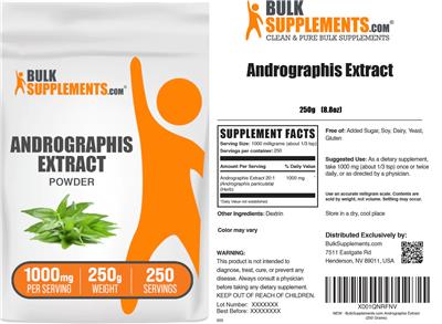 BulkSupplements.com Andrographis Extract Powder 1000 mg source label used in the packaging illustration