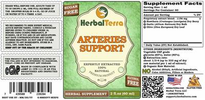 Herbal Terra Arteries Support Sugar Free Alcohol Free source label used in the packaging illustration