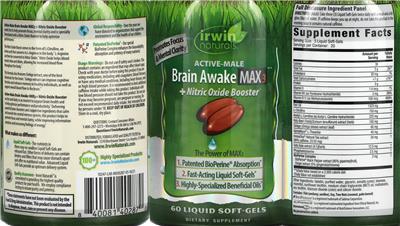Irwin Naturals Active-Male Brain Awake MAX3 + Nitric Oxide Booster source label used in the packaging illustration