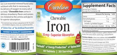 Carlson Chewable Iron 30 mg Natural Strawberry Flavor source label used in the packaging illustration