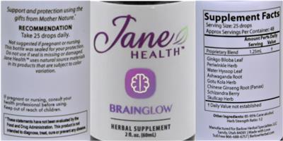 Jane Health BrainGlow Tincture source label used in the packaging illustration
