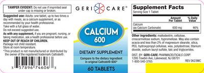 Geri-Care Calcium 600 mg source label used in the packaging illustration