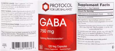 Protocol For Life Balance GABA 750 mg source label used in the packaging illustration