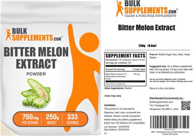 BulkSupplements.com Bitter Melon Extract Powder 750 mg source label used in the packaging illustration
