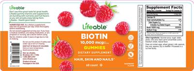 Lifeable Biotin 10000 mcg Raspberry Flavor Gummies source label used in the packaging illustration