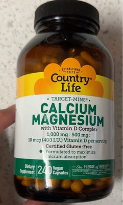 Country Life Target-Mins Calcium 1000 mg Magnesium 500 mg with Vitamin D 10 mcg (400 I.U.) Complex source label used in the packaging illustration
