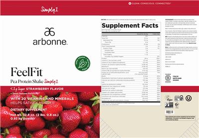 Arbonne FeelFit Pea Protein Shake Simply1 Strawberry Flavor source label used in the packaging illustration