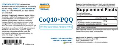 Advance Physician Formulas CoQ10 + PQQ source label used in the packaging illustration
