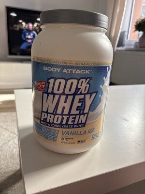Body Attack 100% Whey Protein Vanilla Ice Flavour source label used in the packaging illustration