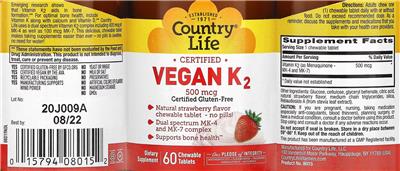 Country Life Certified Vegan K2 500 mcg Natural Strawberry Flavor source label used in the packaging illustration