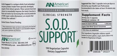 AN American Nutriceuticals S.O.D. Support source label used in the packaging illustration