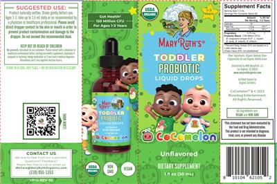 Mary Ruth's CoComelon Toddler Probiotic Liquid Drops Unflavored source label used in the packaging illustration