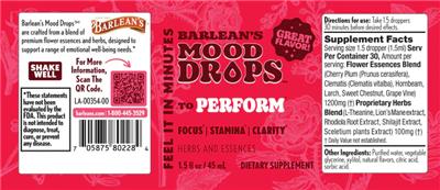 Barlean's Mood Drops to Perform source label used in the packaging illustration