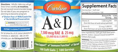 Carlson A 7500 mcg RAE (25000 IU) & D 25 mcg (1000 IU) source label used in the packaging illustration