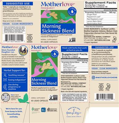 Motherlove Pregnancy Morning Sickness Blend source label used in the packaging illustration