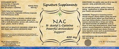 Signature Supplements NAC 400 mg source label used in the packaging illustration