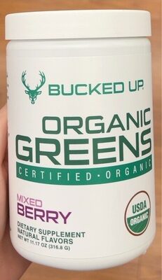 Bucked Up Organic Greens Mixed Berry source label used in the packaging illustration