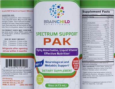 Brainchild Nutritionals Spectrum Support Pak Part A Lemon Lime Flavor source label used in the packaging illustration