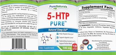 Pure Naturals 5-HTP Pure 100 mg source label used in the packaging illustration