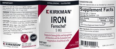 Kirkman Iron Ferrochel 5 mg source label used in the packaging illustration
