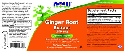 NOW Ginger Root Extract 250 mg source label used in the packaging illustration