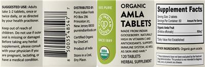Pure Indian Foods Organic Amla Tablets source label used in the packaging illustration