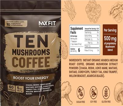 Max Fit Wellness Company Ten Mushrooms Coffee source label used in the packaging illustration