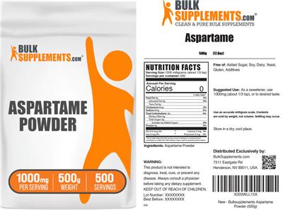 BulkSupplements.com Aspartame Powder 1000 mg source label used in the packaging illustration