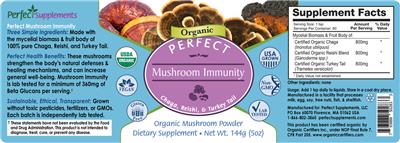 Perfect Supplements Perfect Mushroom Immunity Powder source label used in the packaging illustration