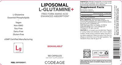 Codeage Liposomal L-Glutamine+ source label used in the packaging illustration