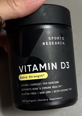 SR Sports Research Vitamin D3 125 mcg (5000 IU) source label used in the packaging illustration