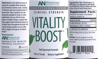 AN American Nutriceuticals Vitality Boost source label used in the packaging illustration