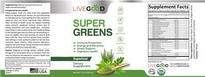 LiveGood Super Greens source label used in the packaging illustration