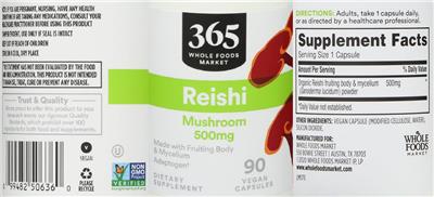 365 Whole Foods Market Reishi Mushroom 500 mg source label used in the packaging illustration