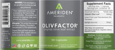 Ameriden International OlivFactor source label used in the packaging illustration