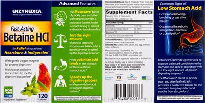 Enzymedica Fast-Acting Betaine HCl source label used in the packaging illustration