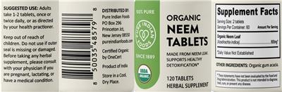 Pure Indian Foods Organic Neem Tablets source label used in the packaging illustration
