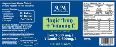 AM Angstrom Minerals Ionic Iron + Vitamin C source label used in the packaging illustration