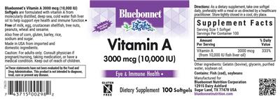 Bluebonnet Vitamin A 3000 mcg (10000 IU) source label used in the packaging illustration