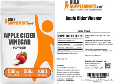 BulkSupplements.com Apple Cider Vinegar Powder 500 mg source label used in the packaging illustration