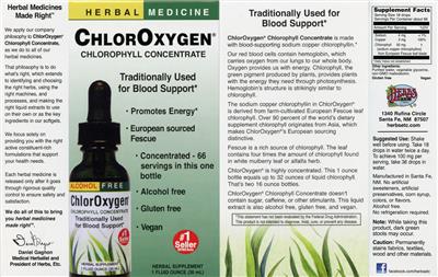 Herbs Etc. ChlorOxygen Chlorophyll Concentrate Alcohol Free source label used in the packaging illustration