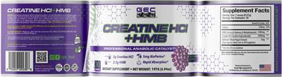 GEC Genetic Edge Compounds Creatine HCl + HMB Sour Grape Candy source label used in the packaging illustration