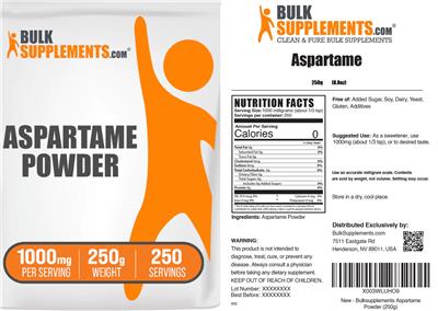 BulkSupplements.com Aspartame Powder 1000 mg source label used in the packaging illustration