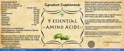Signature Supplements 9 Essential Amino Acids source label used in the packaging illustration