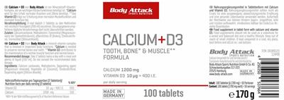 Body Attack Sports Nutrition Calcium 1200 mg + D3 10 mcg source label used in the packaging illustration