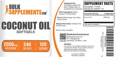 BulkSupplements.com Coconut Oil 2000 mg Softgels source label used in the packaging illustration