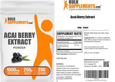 BulkSupplements.com Acai Berry Extract Powder 1000 mg source label used in the packaging illustration